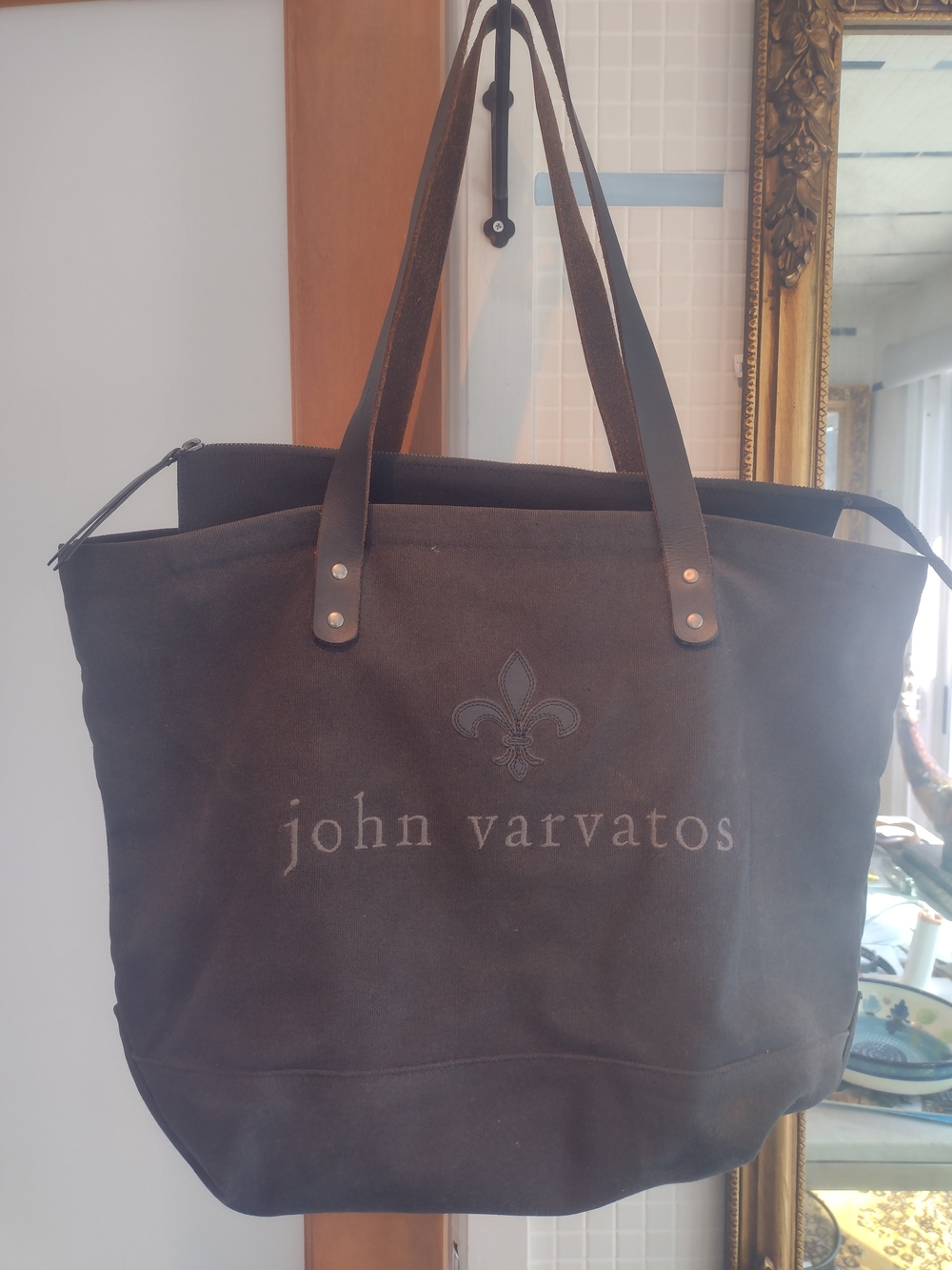 John Varvatos Dark Brown Canvas Shoulder Tote